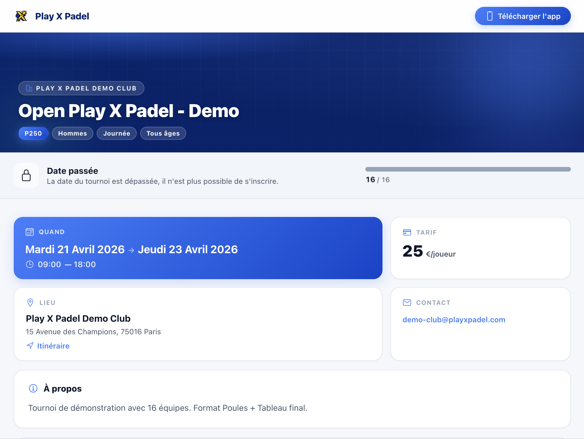 Page publique du tournoi